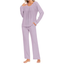 2-delige damespyjamaset, loungeset met ronde hals, top met lange mouwen, taillebroek met zakken, maten S-3XL