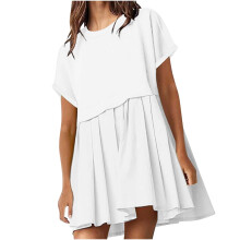 Damen-Sweatshirtkleid, kurzärmelig, locker, fließend, plissiert, Sommer-Minikleid