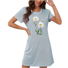 Női plus size napraforgómintás hálóing, kerek nyakú, rövid ujjú, tejszínes selyem kétoldalas polár anyagból, S–2XL, többszínű