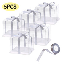 Cake Boxes Tall Cake Carrier Containers with Lid & Ribbon Bakery Boxes Cake Supplies Gift for Birthday Wedding Christmas Party 8"8"7" 5 Pcs Clear