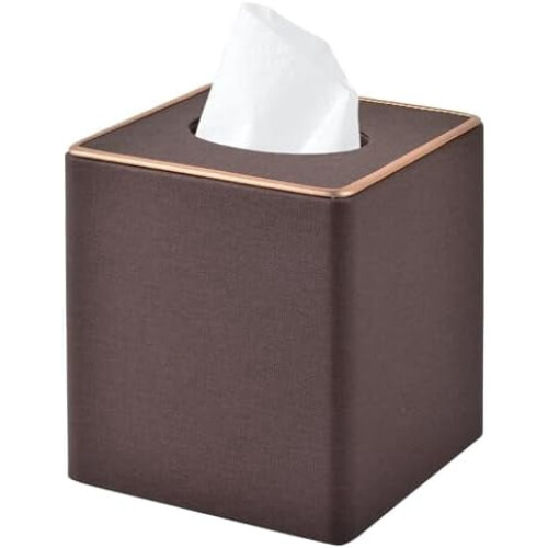 Beige tissuebox van PU-leer met gouden rand