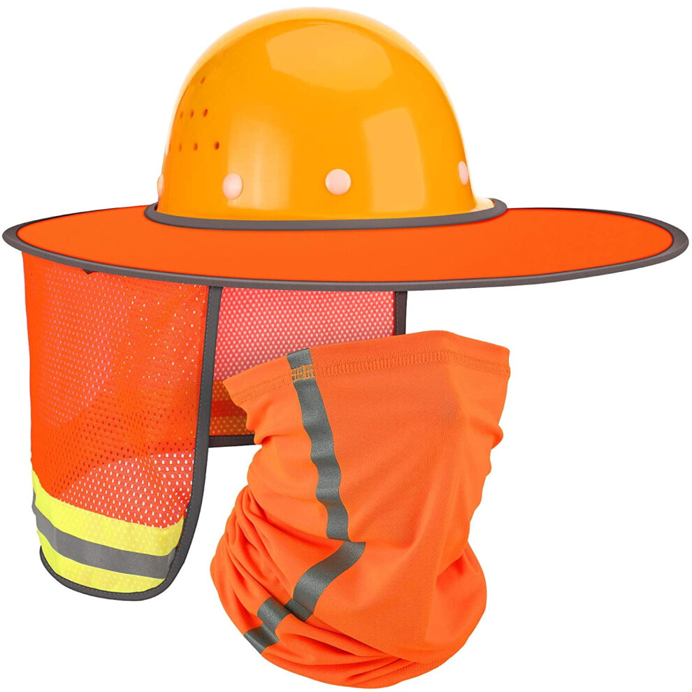 2 Pcs Sun Hard Hat Neck Protection, High-Vis Full Brim Mesh + Neck Gaiter Bandana, Reflective (Orange), Compatible With Hard Hats 9110895538807