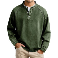 Heren denim T-shirt met lange mouwen en ronde hals, effen kleur.