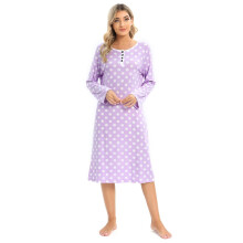 Dame nattkjole med polkaprikker, knapper og lange ermer, løs pyjamaskjole med rund hals