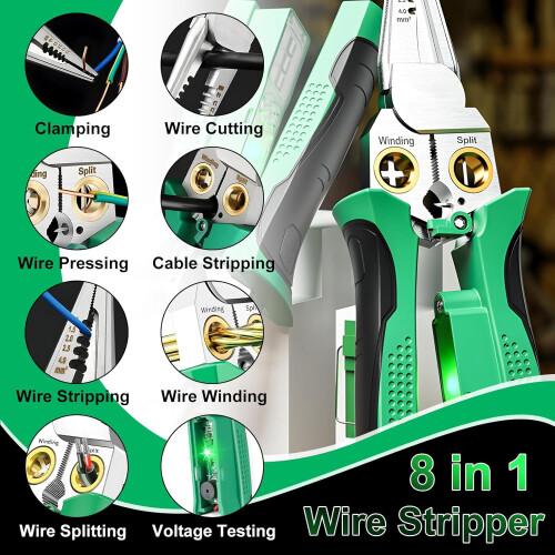 8-in-1 Wire Stripping Pliers with Voltage Tester, Multi-function Electrician's Tool (Green) 1