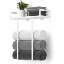 Porte-serviettes mural avec étagère en bois, support métallique pour grandes serviettes, organisateur pour petite salle de bain/camping-car, blanc