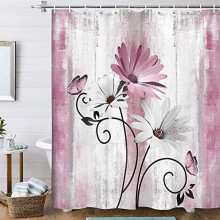Cortina de ducha rústica estilo granja con diseño floral de margaritas rosas y mariposas, gris-rosa, 70x75 pulgadas, incluye 12 ganchos.