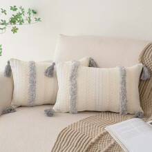 Boho Throw Pillow Covers 12x20, Set of 2, Woven Tufted Farmhouse Lumbar Cushion Cases with Tassels, Textured Striped, Light Grey