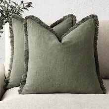 Lot de 2 housses de coussin à franges en lin, 40 x 40 cm, vert olive, style bohème champêtre avec pompons – Compatibles avec les coussins de