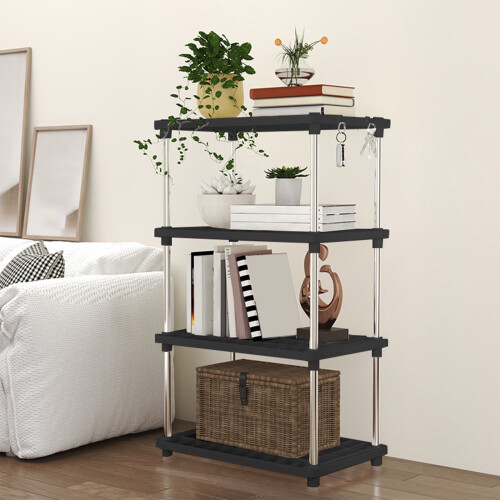 4-Tier Plastic Storage Shelf Unit, 31.4" Tall, Space-Saving, Black, Compatible with Connectable Shelving 2