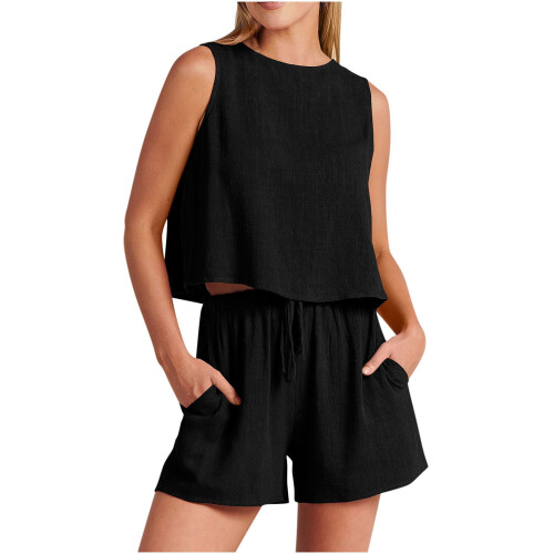 Γυναικεία Casual2Piece Σορτς Καλοκαιρινή Μπλούζα με Στρογγυλή Λαιμόκοψη, Μονόχρωμη 1