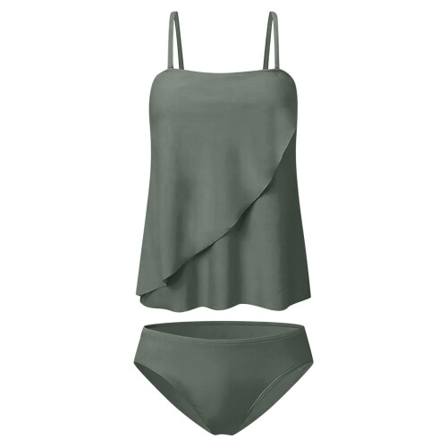 Σετ Tankini Elabch Plus Size για γυναίκες, Halter Bandeau Top & Bottom με έλεγχο κοιλιάς, Χακί, M 2