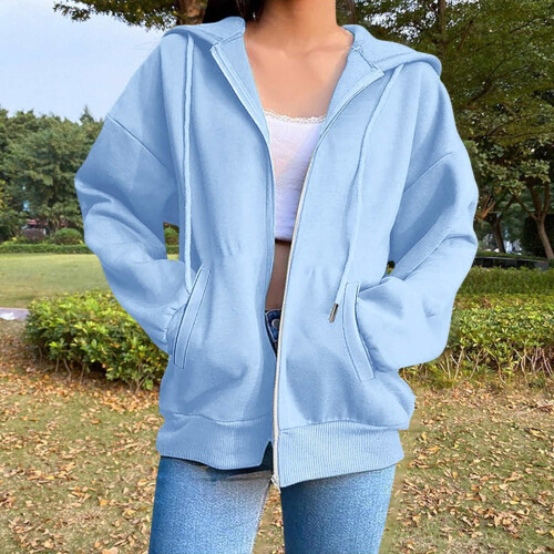 Giacca da donna leggera con cappuccio e zip intera, azzurra, taglia S 1