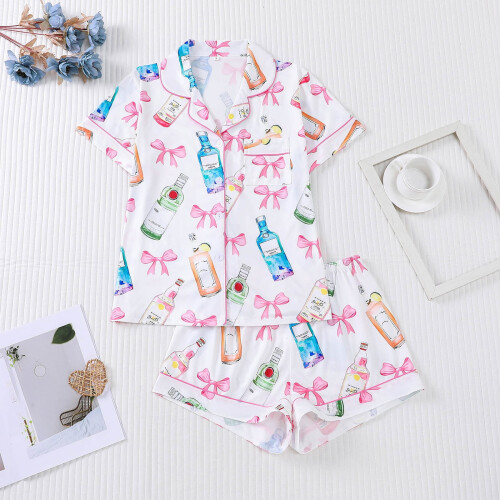 Women's bow print pajama set short sleeve white 1
