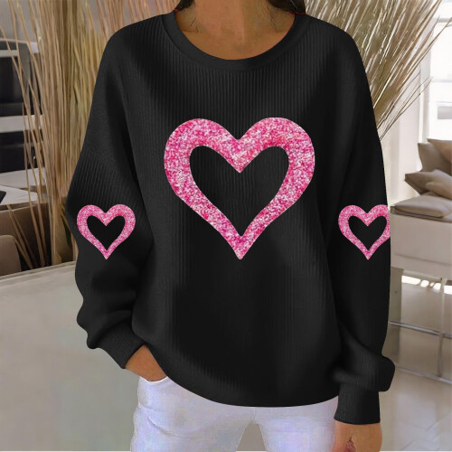 Felpa da donna a coste con scollo rotondo e cuore per San Valentino, lunga 1