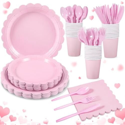 Service de vaisselle jetable rose 175 pièces