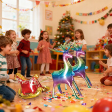 Lot de 3 ballons de Noël en aluminium : rennes, traîneau du Père Noël et rennes debout – Ballons en mylar multicolores pour la décoration des