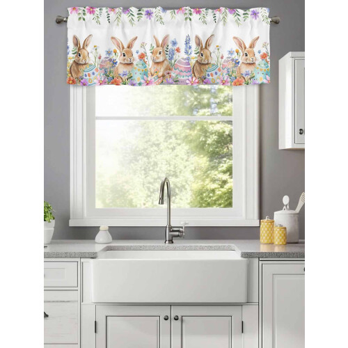 Cortina de Páscoa com Coelho, Flores e Ovos, com Passante para Varão, 42x12 polegadas, para Cozinha, Quarto, Banheiro e Sala de Estar – Folhas