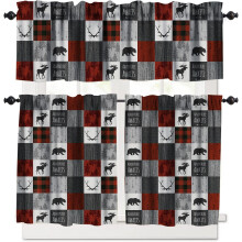 Rusztikus jávorszarvas-medve függöny, 3 darabos szett, vintage patchwork rusztikus, vidéki házikó stílusú ablakfüggöny, piros