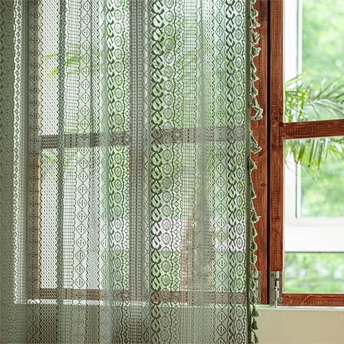 Olive Green Boho Crochet Curtain Panel 59 x 84 in 2