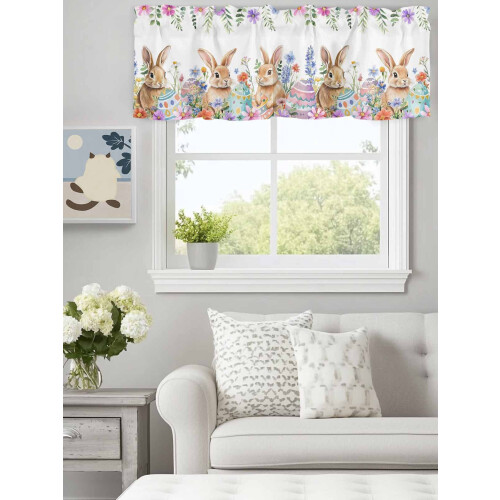 Cortina de Páscoa com Coelho, Flores e Ovos, com Passante para Varão, 42x18 polegadas, para Cozinha, Quarto, Banheiro e Sala de Estar – Folhas 2