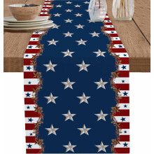 Bavlněný lněný ubrus s motivem 4. července – červený, modrý, s hvězdami a vlajkou USA, 33x273 cm, kompatibilní s jídelním stolem a