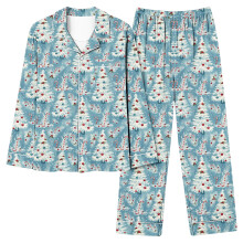 Julpyjamasset för kvinnor: Tomtetryck, långärmad, knappar framtill, stretchig midja, S-2XL – Kompatibel med julklappar