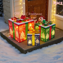 Lot de 3 boîtes cadeaux de Noël lumineuses avec LED blanc chaud, nœuds enneigés, alimentées par piles (non incluses), IP44, usage
