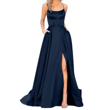 Abiti da ballo da donna, lunghi, eleganti, con scollo all'americana e schiena scoperta, in raso con spalline sottili, abito da festa con spacco
