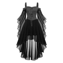 Vestido gótico de renda para mulheres – Decote ombro a ombro com patchwork em tule, estilo corte vitoriana, fantasia de vampira para o Halloween,