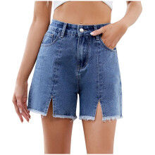 Damshorts med hög midja, knappar fram och fickor, bekväma sommarshorts, casual