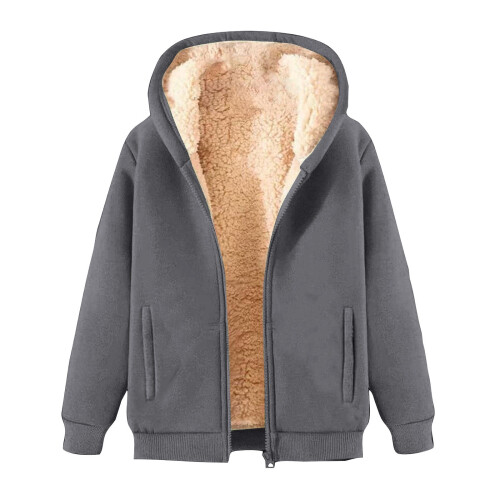 Γυναικείο παλτό fleece χειμώνα ζεστό casual μακρυμάνικο μπλουζάκι με κουκούλα και 2