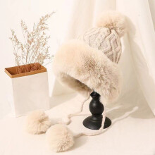 Fleece-luer for kvinner med øreklaffer, stropper, pompong, trendy, ensfarget, tykkstrikket, termisk varm sherpa-lue, vinterlue