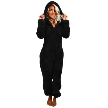Fleece pyjama met capuchon en voetjes voor dames, warme winternachtkleding, romper met lange mouwen en ritssluiting, maten S-2XL, zwart