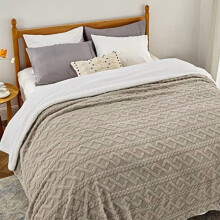 Sherpa Queen Blanket Fluffy Fleece Cable Jacquard Beige