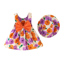 Boho casual jurkjes met bloemenprint en hoed, 2-delige set met grote strik op de rug, A-lijn prinsessenjurk zonder mouwen, zomerjurk voor op het