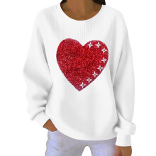Damen-Sweatshirt mit Herzmotiv zum Valentinstag, gerippt, Rundhalsausschnitt, lang