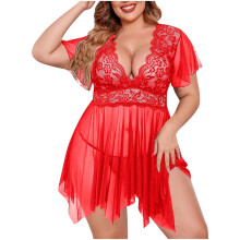 2-teiliges Pyjama-Set in Übergröße, Nachthemd-Set für Damen, schwarzes Nachthemd mit String-Tanga und transparentem Spitzen-BH