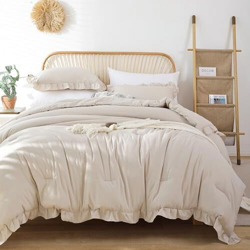 Beige ruffle comforter set soft fluffy 3 pcs