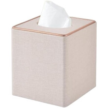Vierkante tissueboxhoes van linnen – Kubusvormige houder van roségoudkleurig leer met magnetische bodem, geschikt voor standaard tissues (beige)