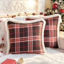 Housses de coussin de Noël 45x45 cm, motif écossais à carreaux avec fausse fourrure