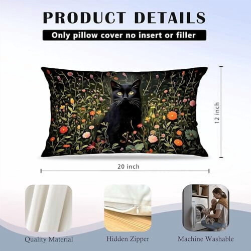 Conjunto de 2 capas de almofada Black Cat Wildflower, 45x45cm (18x18 polegadas). 2
