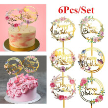 6-Pc Gold Flower Acrylic Cake Toppers for Birthday, Anniversary – Compatible with DIY Hand Tools Kits