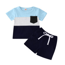 Sommerkleidungssets für Babys und Kleinkinder (Jungen und Mädchen), Kurzarmkleidung, Patchwork-Oberteile mit Taschen, Shorts-Sets, 0-6 Monate