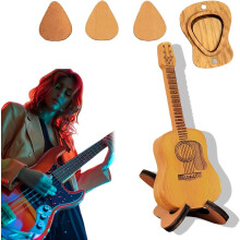 Mini estuche de madera para púas de guitarra con soporte y 3 púas – Caja organizadora portátil hecha a mano (1 juego)