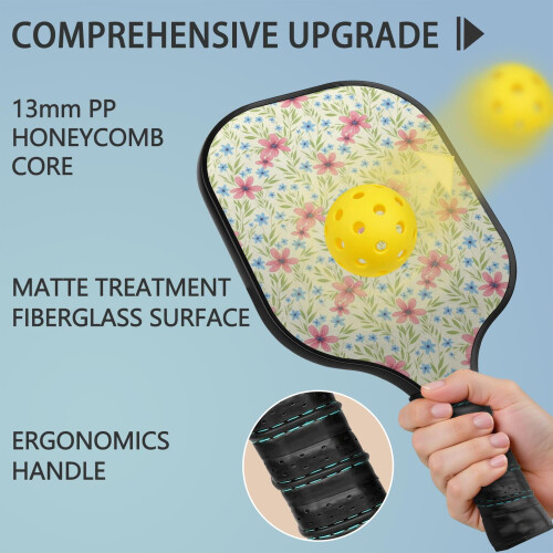 Σετ κουπιών Pickleball με κουπιά από fiberglass σε σχέδια λουλουδιών, 2 μπάλες και τσάντα – 1