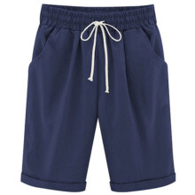 Bermuda feminina de verão, calça casual de algodão, comprimento até o joelho, cintura elástica, cordão e bolsos.