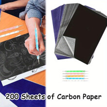 200 Sheets Carbon Paper (Black/Blue, A4), 21x29.7cm Transfer Paper + 5 Colored Dotting Pens, Compatible with Paper/Canvas/Wood