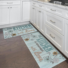 Farmhouse Rustic Kitchen Mats 2-Piece Set (17x30" & 17x47") – Woodgrain Boho Floral Runner, Teal Abstract Flower Rug