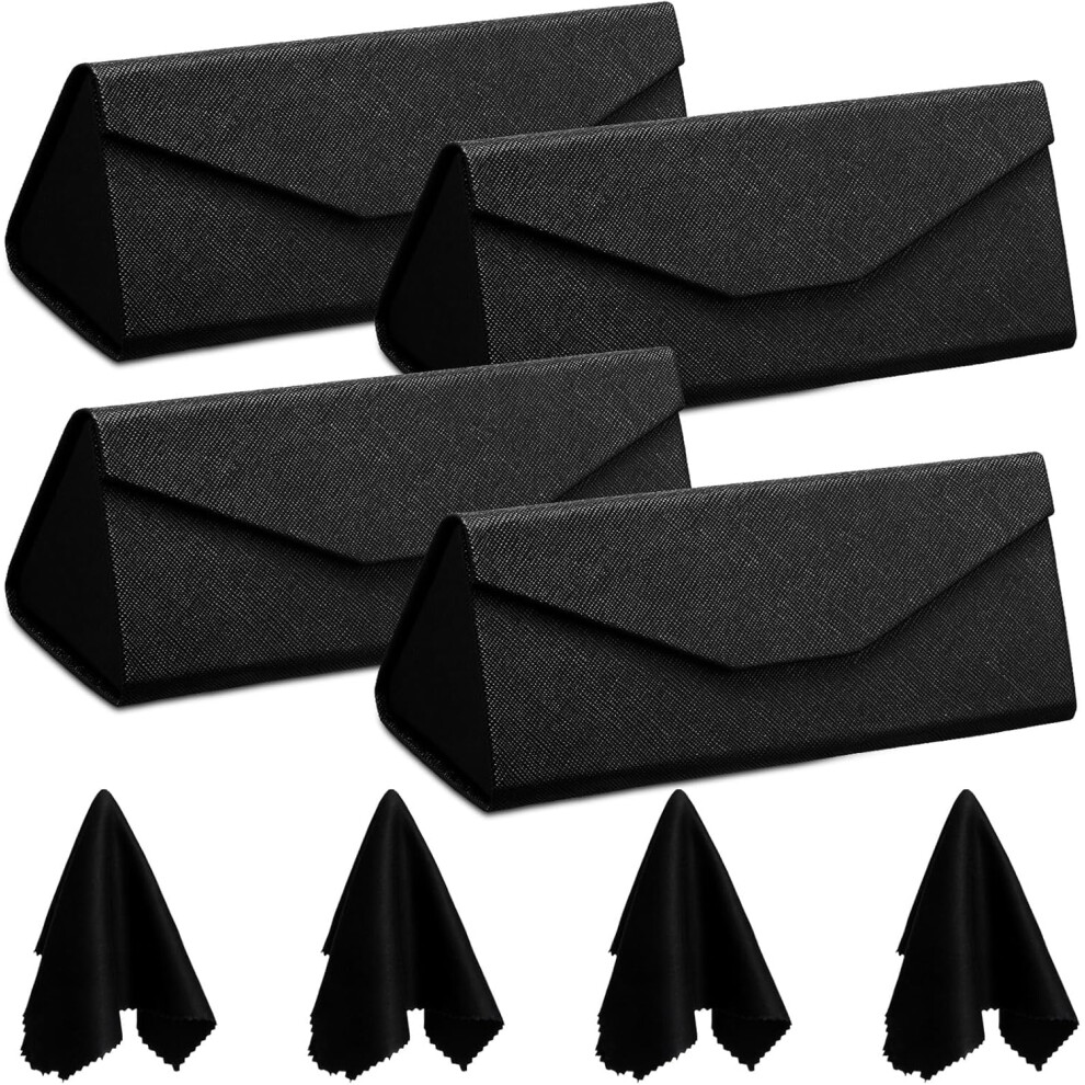 4 Pack Foldable Glasses Sunglasses Case PU Hard Shell Collapsible Eyeglasses Leather Case 4 Cleaning Cloths